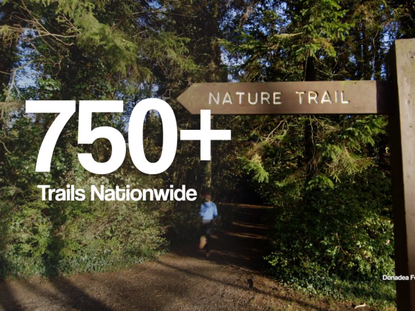 screenshot of the trails video with a signpost on a mountain trail