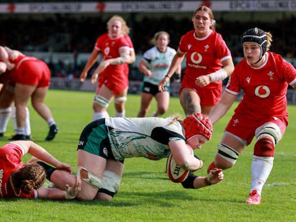 Aoife Wafer of Ireland scores a try during the Women’s Six Nations match against Wales in April 2025.