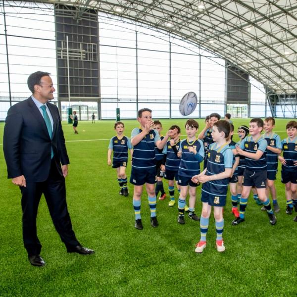 An Taoiseach, Leo Varadkar greeting young athlete at the launch of Phase 2 of the Sport Ireland National Indoor Arena