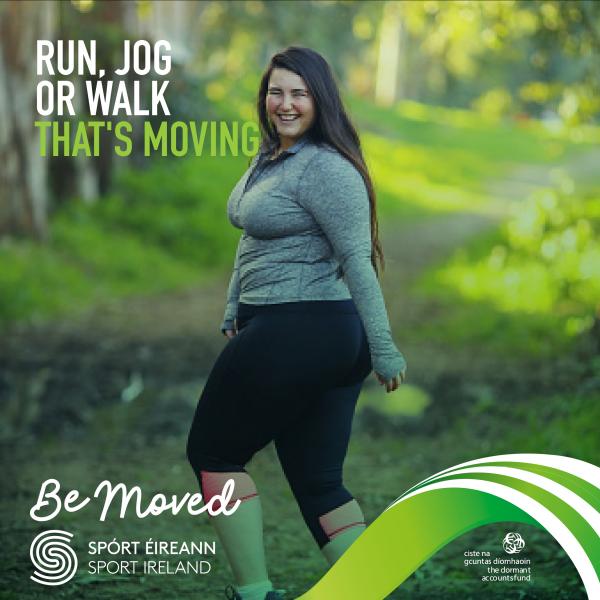 Be Moved - A lady enjoys a walk in the woods text Run, jog or walk, that's moving