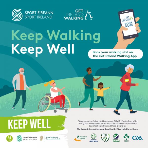 Informational poster for Keep Walking Keep Well campaign with illustrations of people of all ages and abilities walking and an image of the registration app with the text book now