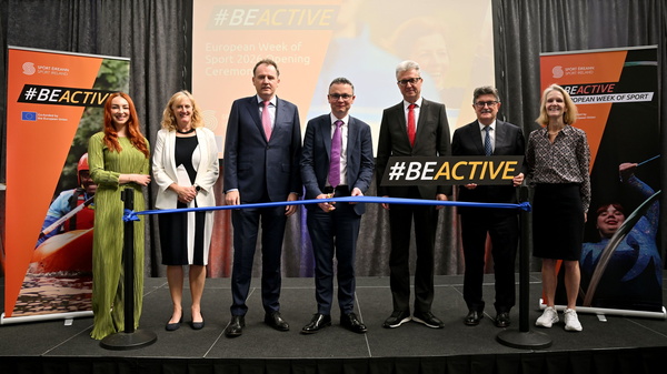 Ellen Keane, Dr Úna May, Minister Charlie McConalogue, Minister Patrick of Donovan, Georg Häusler, John Foley and Mary Van Lieshout at the official opening of the 2026 European Week of Sport