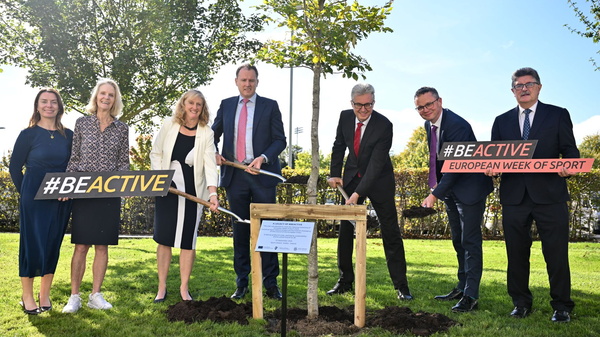 Representatives of Sport Ireland, the Government and the European Commission plant a tree on the Sport Ireland Campus to mark the official opening of the 2026 European Week of Sport