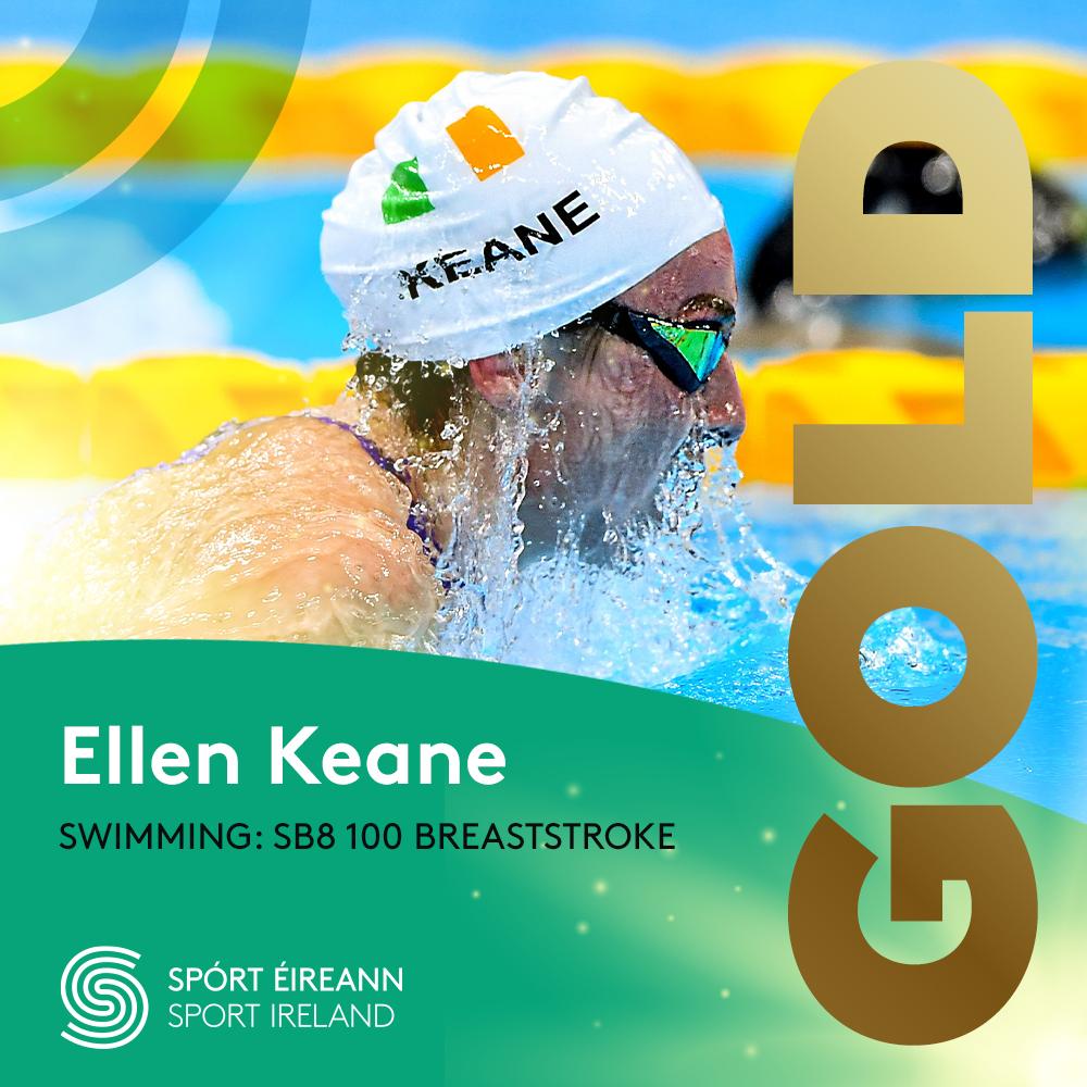 Image of Ellen Keane swimming and text GOLD