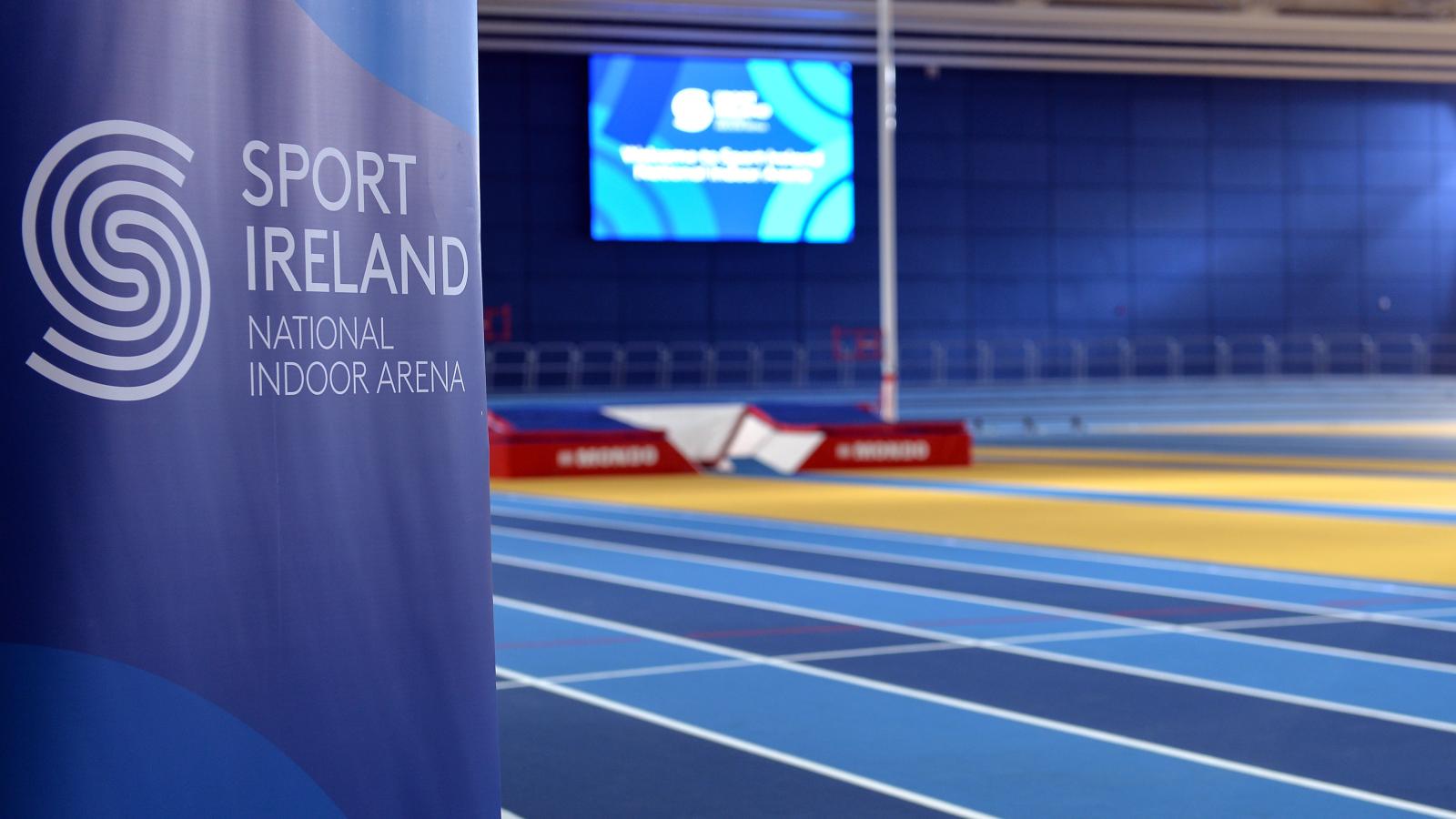 Side angle shot of the running track at the National Indoor Arena
