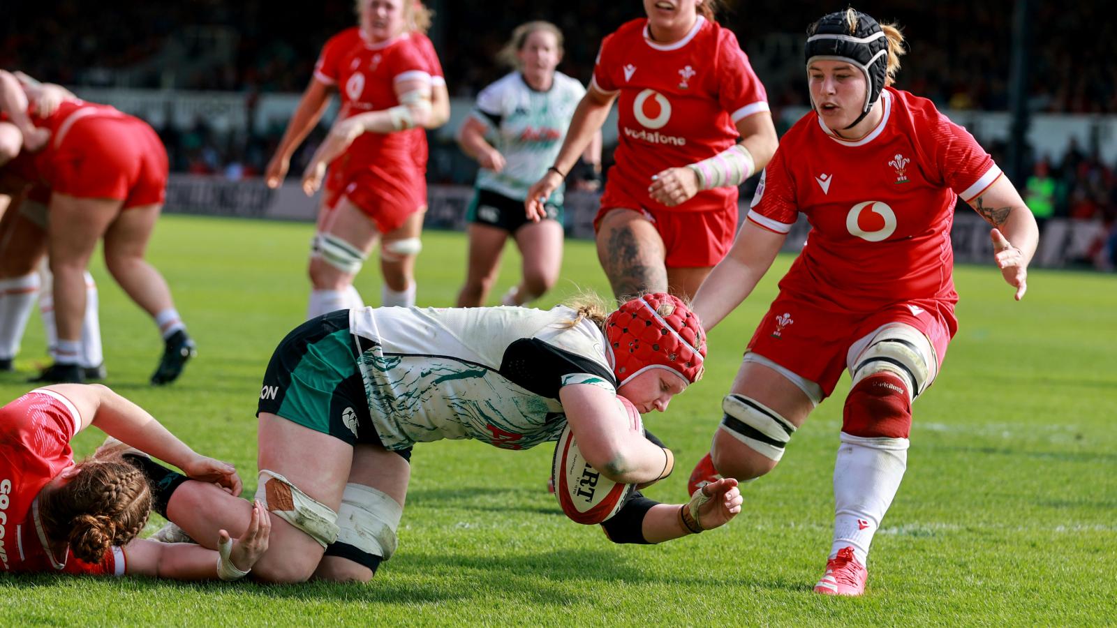 Aoife Wafer of Ireland scores a try during the Women’s Six Nations match against Wales in April 2025.